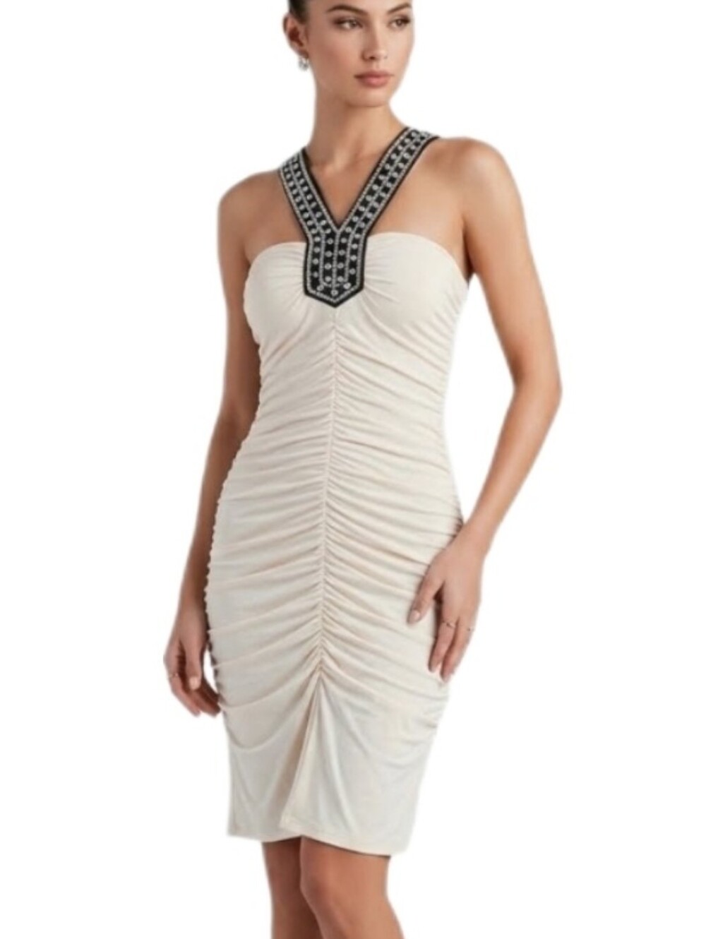 Savannah Studio Dress Sequined Ruched Cream Size L